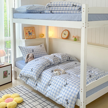 雅居纺 2024新款全棉印花学生季套件 蓝格子蝴蝶结