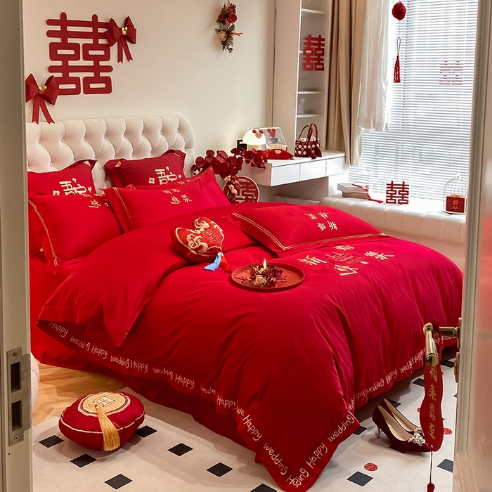 91家纺网 家纺一手货源 找家纺 玉雅家纺 2025新款100支长绒棉高档提花刺绣婚庆四件套 新婚快乐