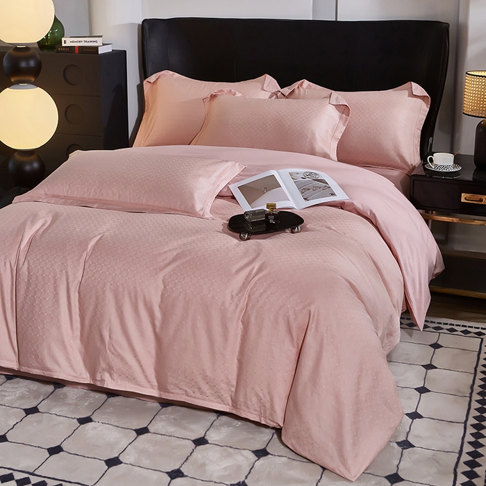 91家纺网 家纺一手货源 找家纺 雲归梦 2024新款全棉提花活性高支密轻奢四件套 曲线格-樱花粉