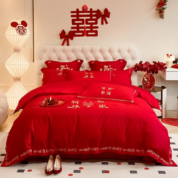 91家纺网 家纺一手货源 找家纺 玉雅家纺 2025新款100支长绒棉高档提花刺绣婚庆四件套 新婚快乐