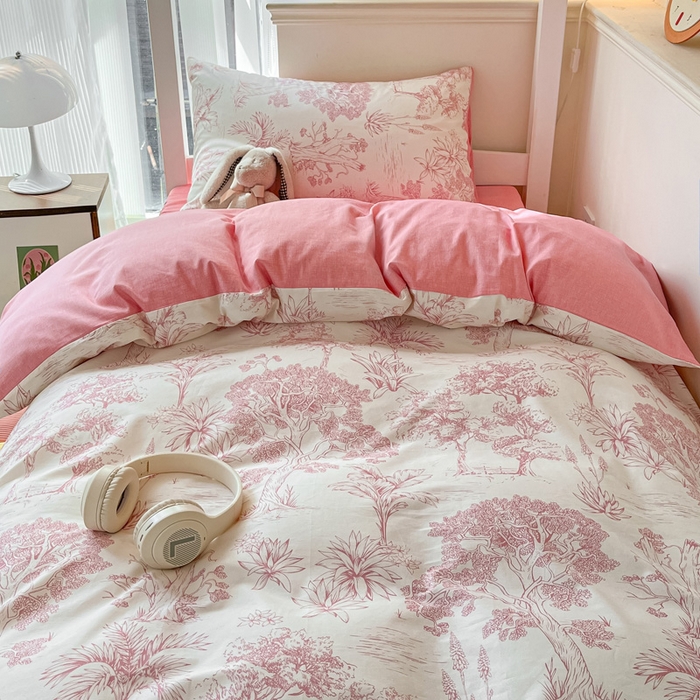 91家纺网 家纺一手货源 找家纺 雅居纺 2024新款全棉印花学生季套件 粉色花园