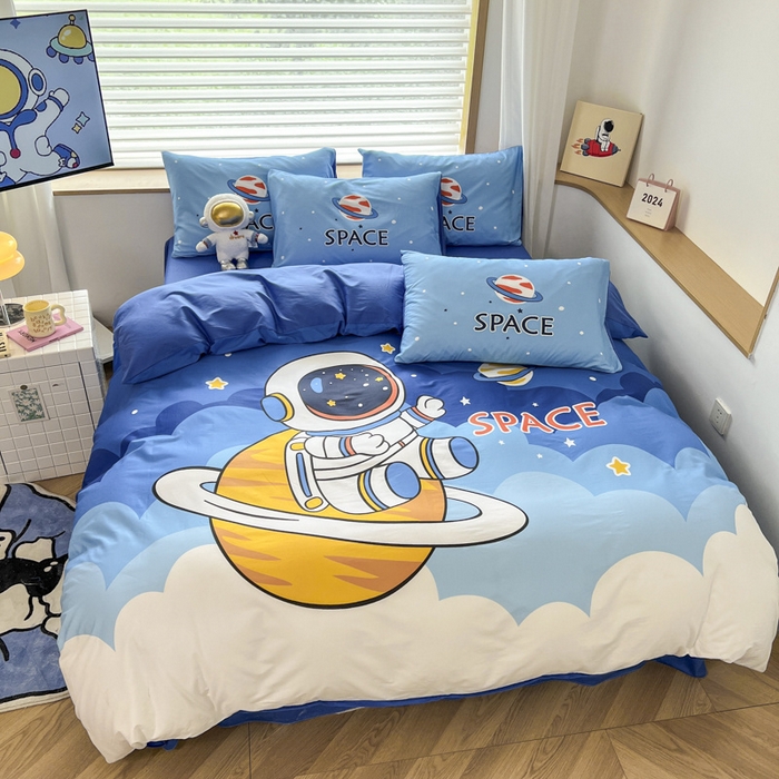 91家纺网 家纺一手货源 找家纺 孩子王 2025新款亲肤活性大版纯棉专版太空人卡通学生儿童宿舍四件套系列 太空旅行