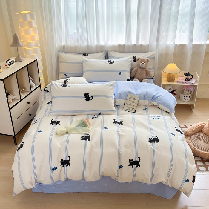 91家纺网 家纺一手货源 找家纺 雅居纺 2024新款全棉印花四件套 可爱小猫