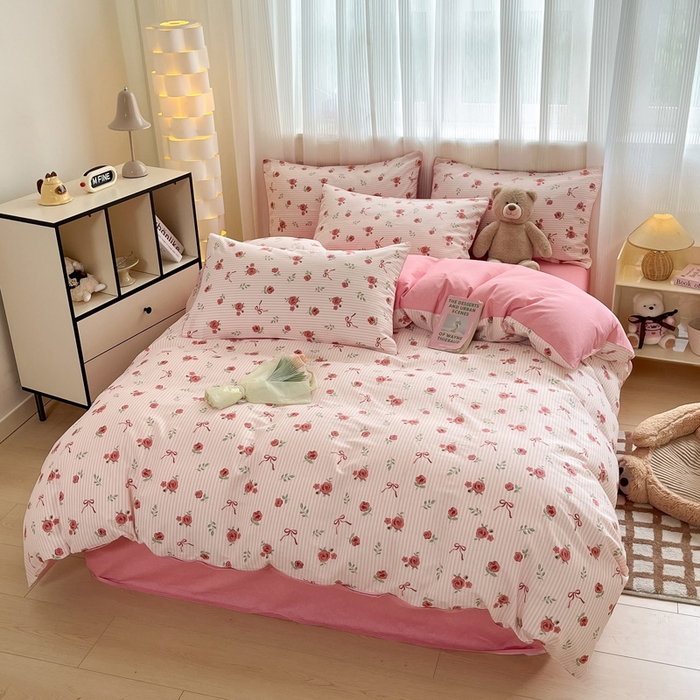 91家纺网 家纺一手货源 找家纺 雅居纺 2024新款全棉印花四件套 粉色烂漫