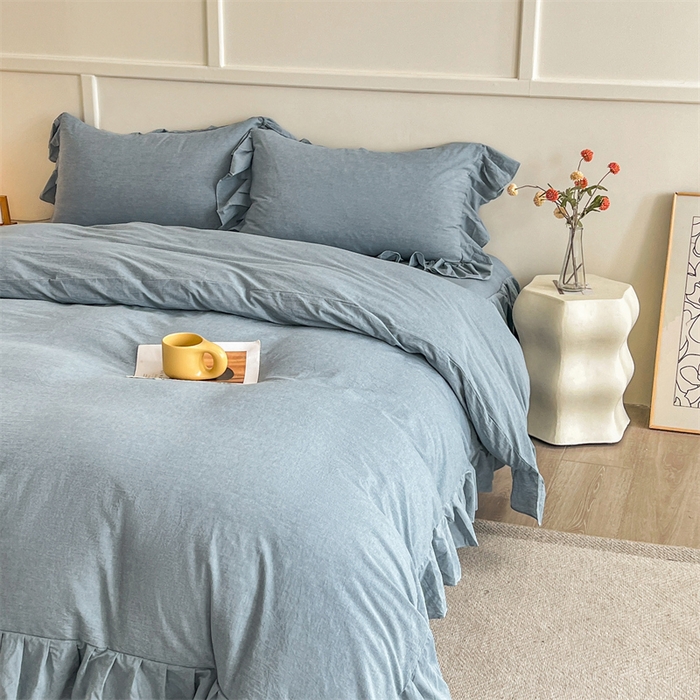 91家纺网 家纺一手货源 找家纺 糯米猪家纺 2024新款全棉水洗棉床裙四件套 天空蓝