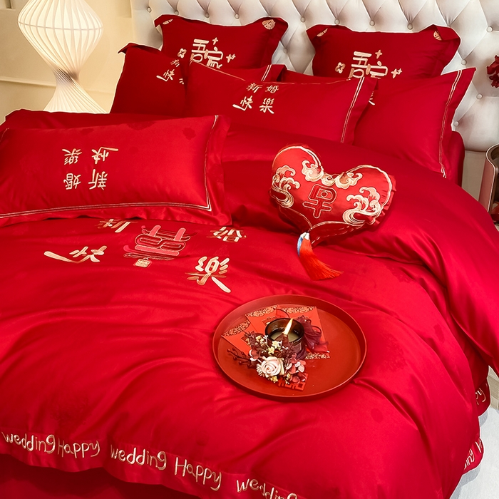 91家纺网 家纺一手货源 找家纺 玉雅家纺 2025新款100支长绒棉高档提花刺绣婚庆四件套 新婚快乐