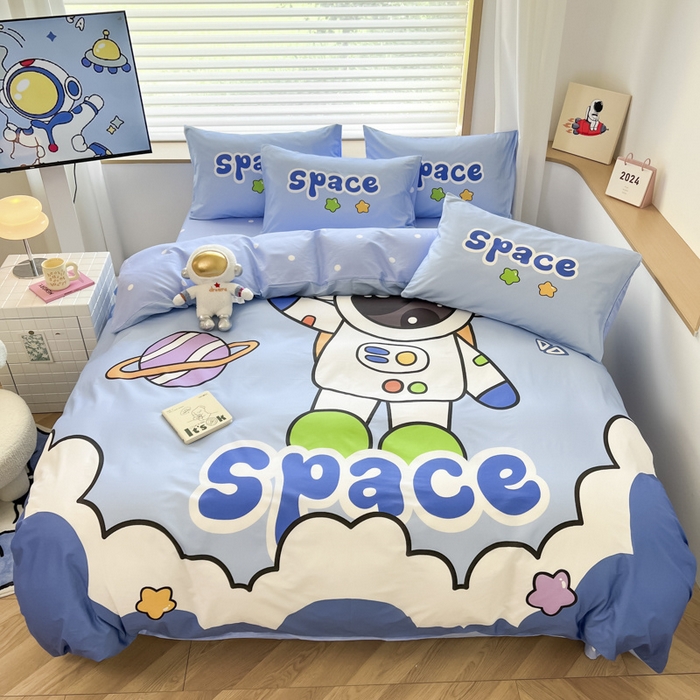 91家纺网 家纺一手货源 找家纺 孩子王 2025新款亲肤活性大版纯棉专版太空人卡通学生儿童宿舍四件套系列 太空星球