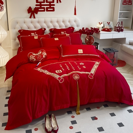 91家纺网 家纺一手货源 找家纺 （总）玉雅家纺 2025新款100支长绒棉高档提花刺绣婚庆四件套