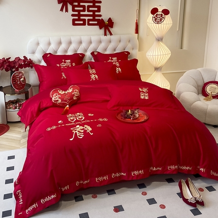 91家纺网 家纺一手货源 找家纺 （总）玉雅家纺 2025新款100支长绒棉高档提花刺绣婚庆四件套