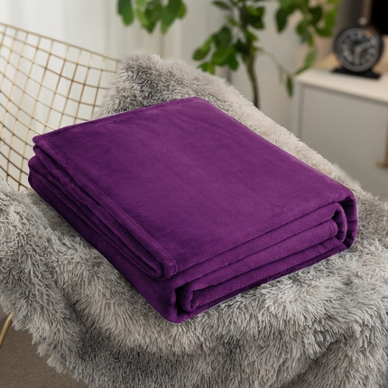 棉荨纺 2024新款法兰绒纯色毛毯珊瑚绒双面礼品毛毯200克 深紫色