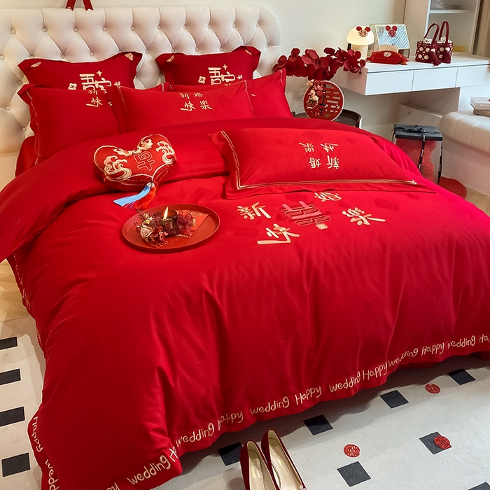 91家纺网 家纺一手货源 找家纺 玉雅家纺 2025新款100支长绒棉高档提花刺绣婚庆四件套 新婚快乐
