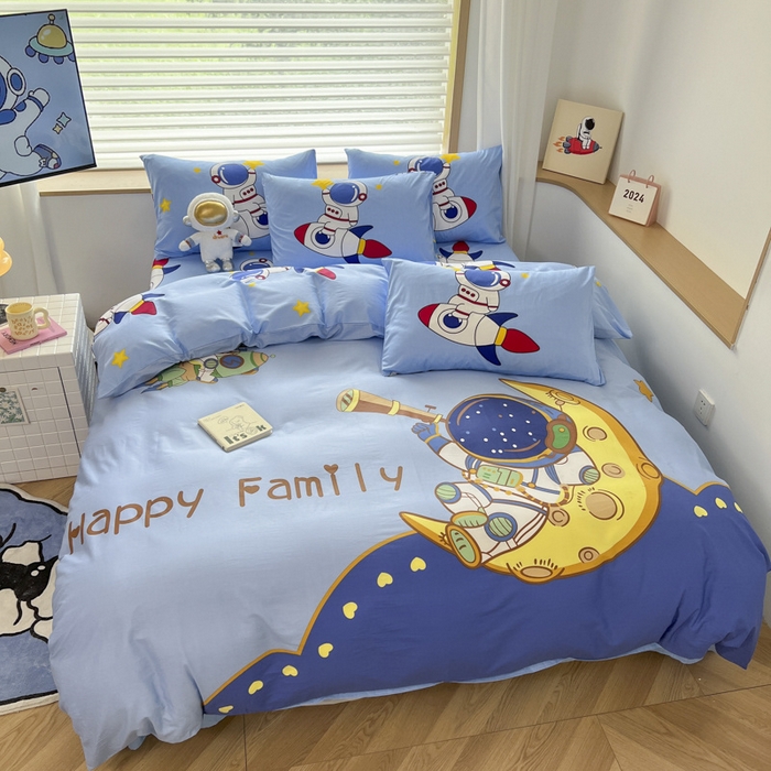 91家纺网 家纺一手货源 找家纺 孩子王 2025新款亲肤活性大版纯棉专版太空人卡通学生儿童宿舍四件套系列 流浪月球
