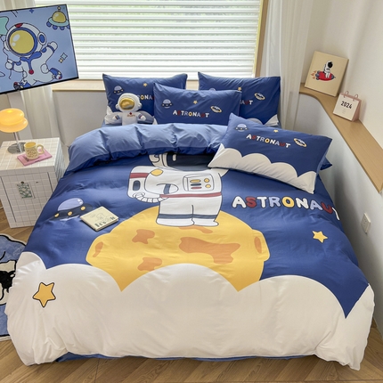 91家纺网 家纺一手货源 找家纺 （总）孩子王 2025新款亲肤活性大版纯棉专版太空人卡通学生儿童宿舍四件套系列