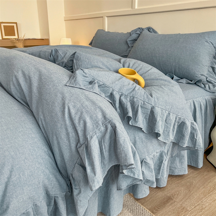 91家纺网 家纺一手货源 找家纺 糯米猪家纺 2024新款全棉水洗棉床裙四件套 天空蓝