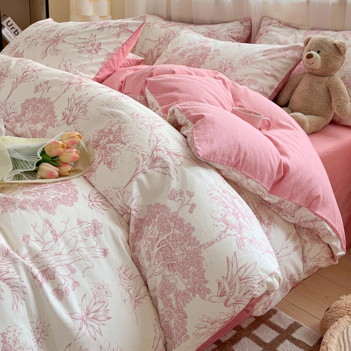 91家纺网 家纺一手货源 找家纺 雅居纺 2024新款全棉印花四件套 粉色花园