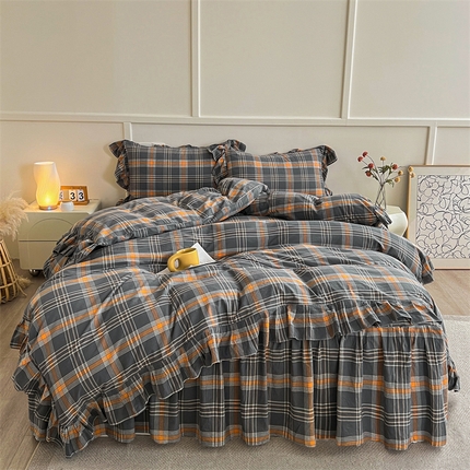 91家纺网 家纺一手货源 找家纺 糯米猪家纺 2024新款全棉水洗棉床裙四件套 时尚 灰