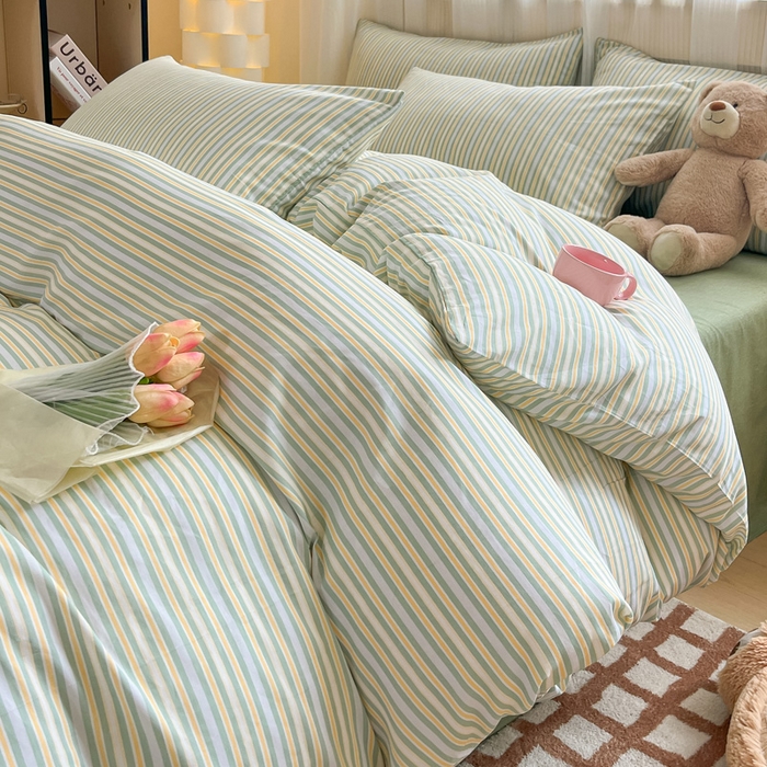 91家纺网 家纺一手货源 找家纺 雅居纺 2024新款全棉印花四件套 北欧细条