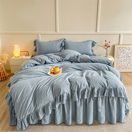 糯米猪家纺 2024新款全棉水洗棉床裙四件套 天空蓝