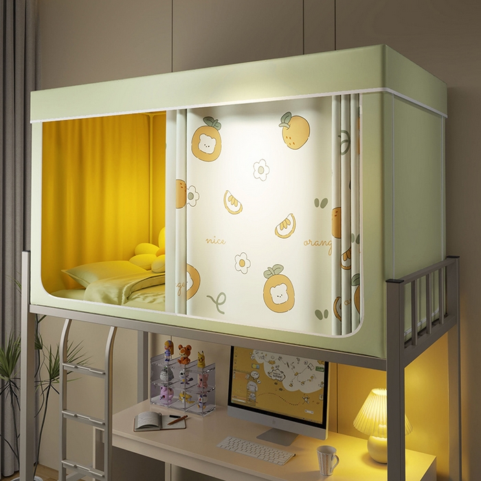 91家纺网 家纺一手货源 找家纺 2024新款学生宿舍强遮光坐床蚊帐 绿色-心想事橙