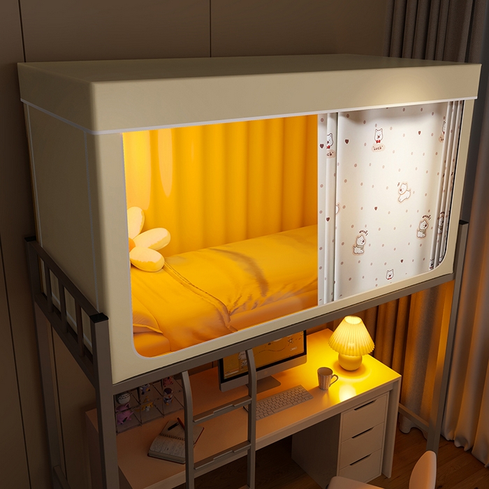 91家纺网 家纺一手货源 找家纺 2024新款学生宿舍强遮光坐床蚊帐 米色-波点狗狗