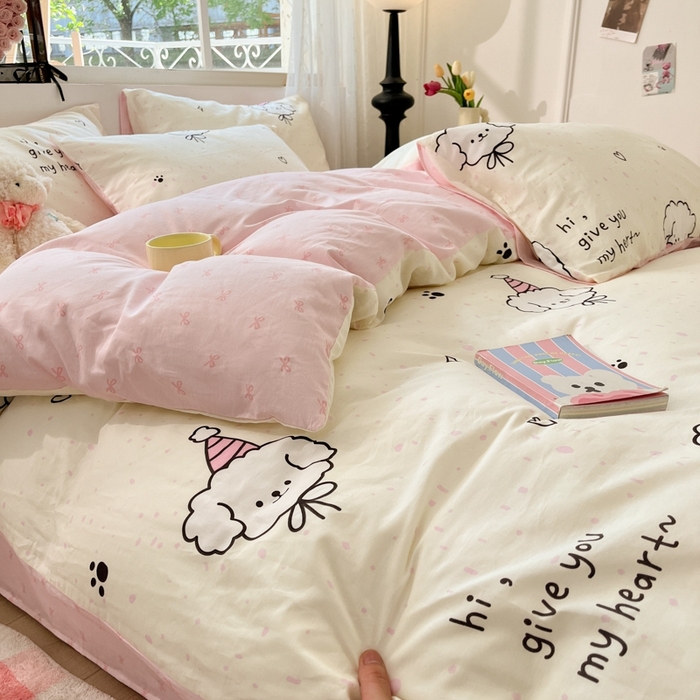 91家纺网 家纺一手货源 找家纺 慕尚家纺 2025新款全棉印花四件套 桃心狗