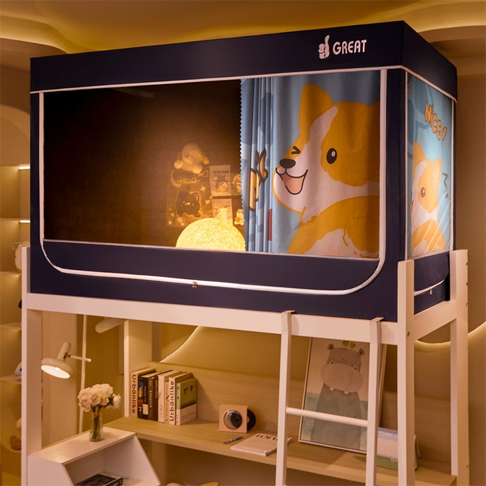 91家纺网 家纺一手货源 找家纺 迪凡保罗蚊帐 2025新款2416纳米环保加厚强遮光大版数码印花学生蚊帐（自带靠墙帘） 调皮狗