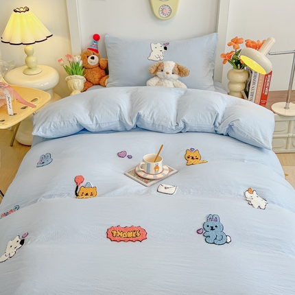 91家纺网 家纺一手货源 找家纺 韩巢家纺 2024新款学生宿舍寝室上下铺超柔水洗棉单件被套-动物乐园 动物乐园浅蓝