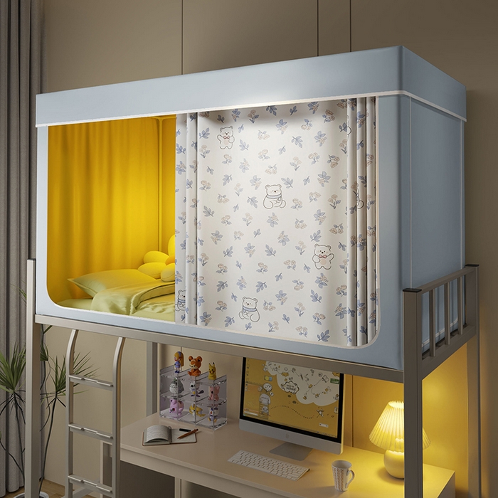 91家纺网 家纺一手货源 找家纺 2024新款学生宿舍强遮光坐床蚊帐 蓝色-花朵小熊