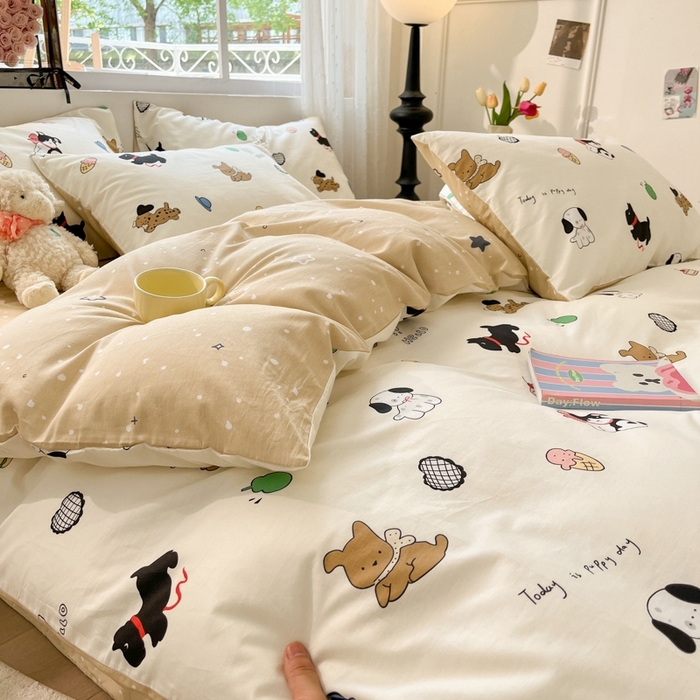 91家纺网 家纺一手货源 找家纺 慕尚家纺 2025新款全棉印花四件套 萌宠乐园