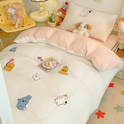 韩巢家纺 2024新款学生宿舍寝室上下铺超柔水洗棉床单被套三件套-动物乐园 动物乐园白浅粉