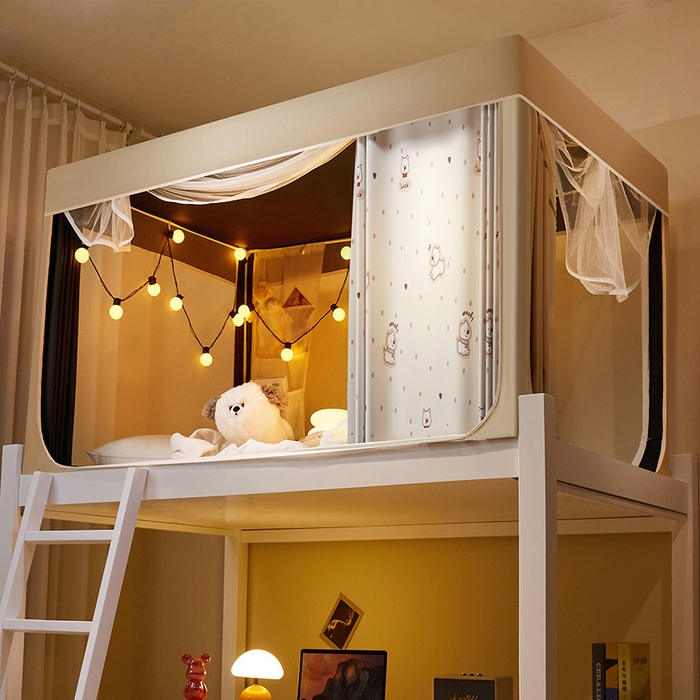 91家纺网 家纺一手货源 找家纺 2024新款学生宿舍强遮光坐床蚊帐 米色-波点狗狗