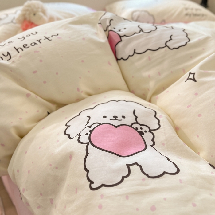 91家纺网 家纺一手货源 找家纺 慕尚家纺 2025新款全棉印花四件套 桃心狗