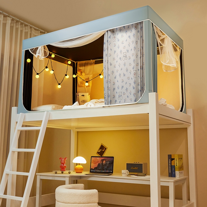 91家纺网 家纺一手货源 找家纺 2024新款学生宿舍强遮光坐床蚊帐 蓝色-花朵小熊