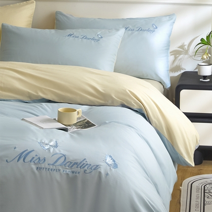 91家纺网 家纺一手货源 找家纺 如一 2024新款全棉刺绣四件套学生三件套-蝶梦系列 蝶梦-蓝米