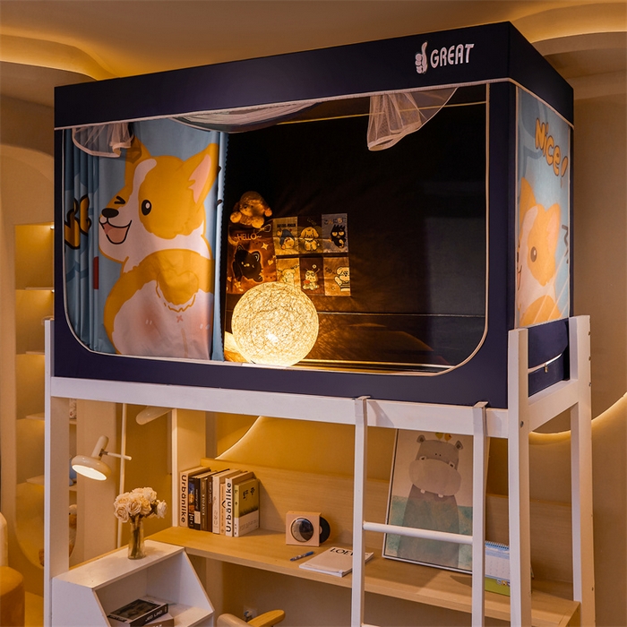 91家纺网 家纺一手货源 找家纺 迪凡保罗蚊帐 2025新款2416纳米环保加厚强遮光大版数码印花学生蚊帐（自带靠墙帘） 调皮狗