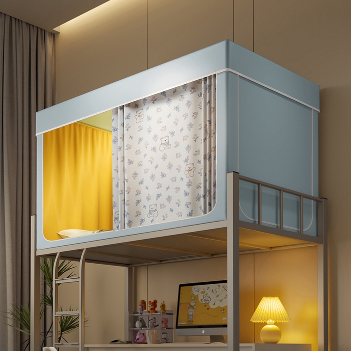 91家纺网 家纺一手货源 找家纺 2024新款学生宿舍强遮光坐床蚊帐 蓝色-花朵小熊