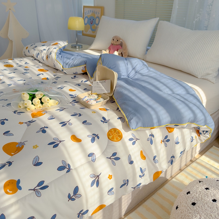 91家纺网 家纺一手货源 找家纺 迪乐妮家居 2024新款亲肤水洗棉印花春秋被 橙子