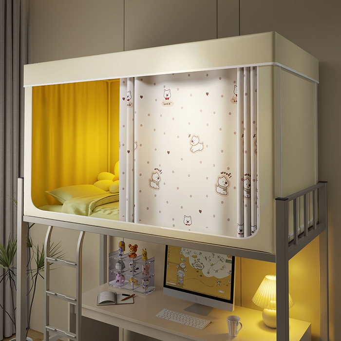 91家纺网 家纺一手货源 找家纺 2024新款学生宿舍强遮光坐床蚊帐 米色-波点狗狗