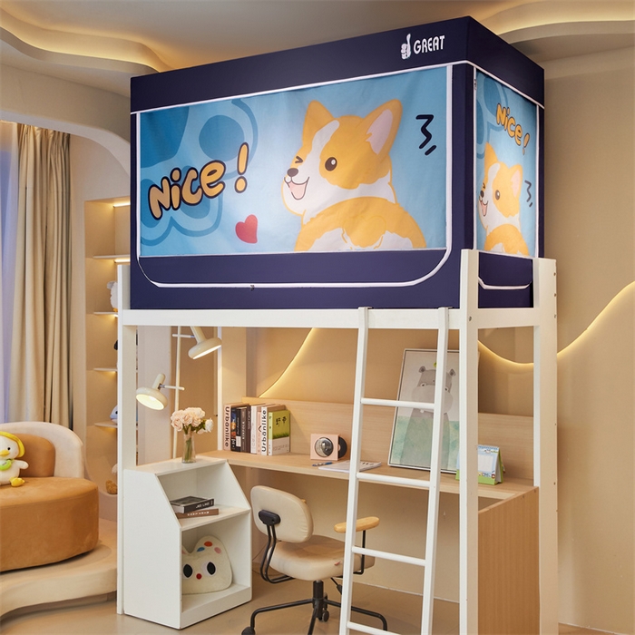 91家纺网 家纺一手货源 找家纺 迪凡保罗蚊帐 2025新款2416纳米环保加厚强遮光大版数码印花学生蚊帐（自带靠墙帘） 调皮狗