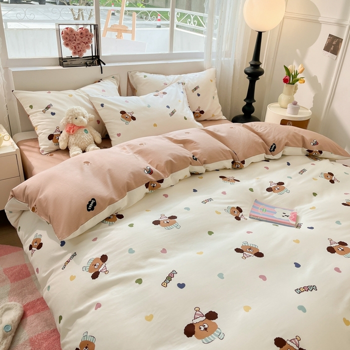 91家纺网 家纺一手货源 找家纺 慕尚家纺 2025新款全棉印花四件套 彩色爱心狗