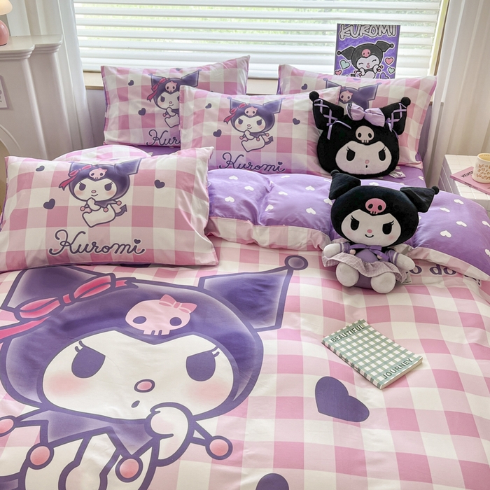 91家纺网 家纺一手货源 找家纺 暮思家居 2024新款正版授权三丽鸥大阪全棉数码印花纯棉四件套 大版-格子库洛米