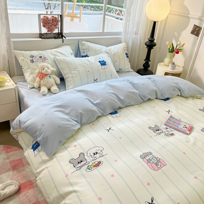 91家纺网 家纺一手货源 找家纺 慕尚家纺 2025新款全棉印花四件套 书生猫咪