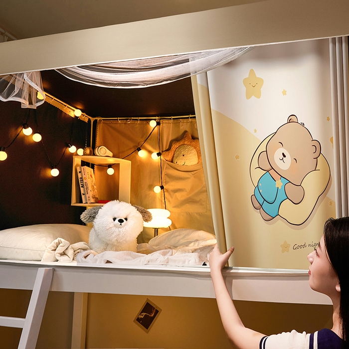 91家纺网 家纺一手货源 找家纺 2024新款学生宿舍强遮光坐床蚊帐 米色-酣睡熊