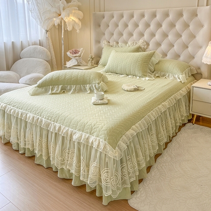 91家纺网 家纺一手货源 找家纺 瑞宝 2025新款水洗棉花边床裙三件套-茉莉 茉莉-抹茶绿