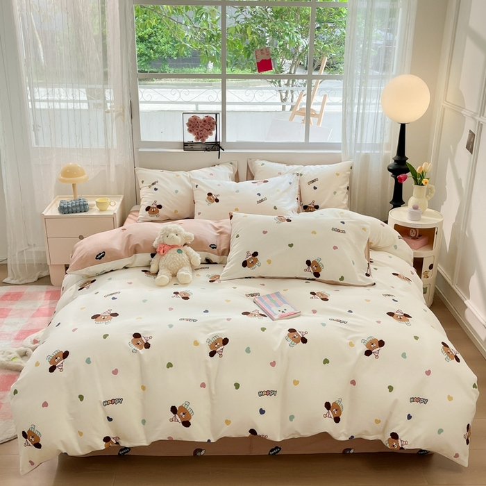 91家纺网 家纺一手货源 找家纺 慕尚家纺 2025新款全棉印花四件套 彩色爱心狗