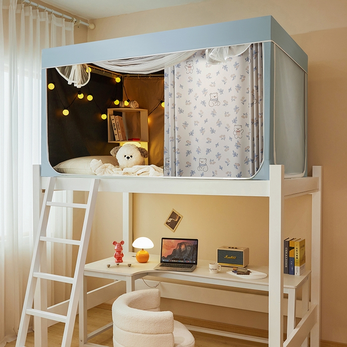 91家纺网 家纺一手货源 找家纺 2024新款学生宿舍强遮光坐床蚊帐 蓝色-花朵小熊