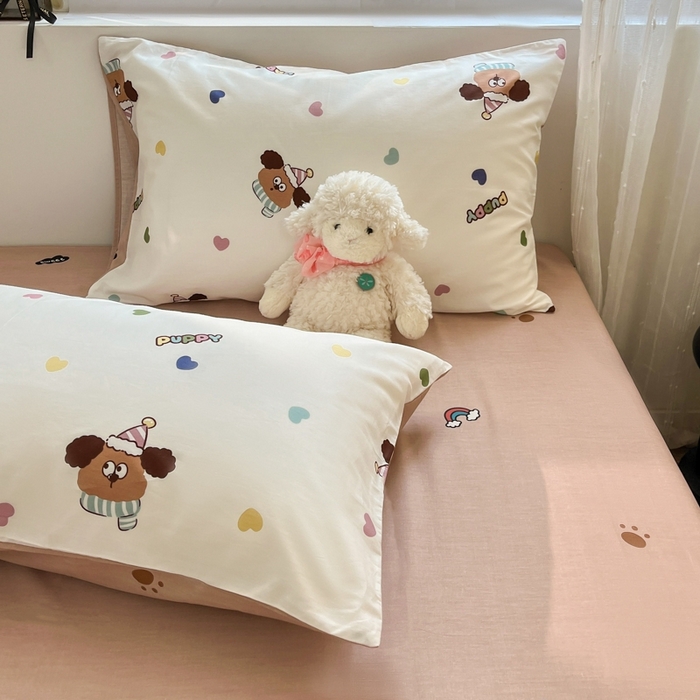 91家纺网 家纺一手货源 找家纺 慕尚家纺 2025新款全棉印花四件套 彩色爱心狗