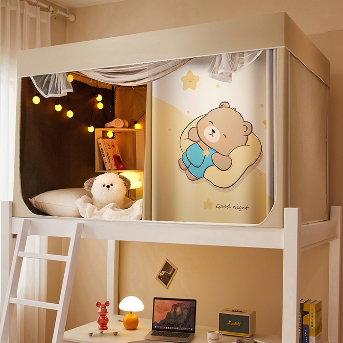 91家纺网 家纺一手货源 找家纺 2024新款学生宿舍强遮光坐床蚊帐 米色-酣睡熊