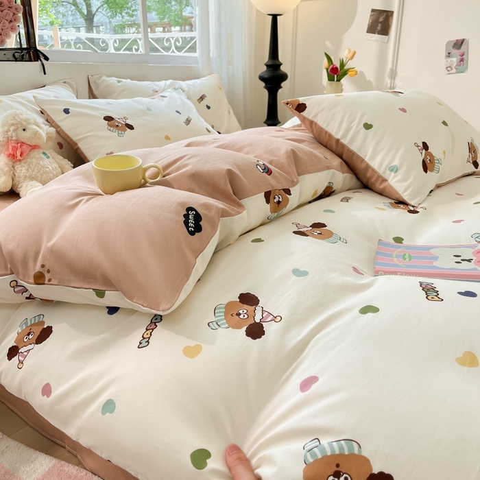 91家纺网 家纺一手货源 找家纺 慕尚家纺 2025新款全棉印花四件套 彩色爱心狗