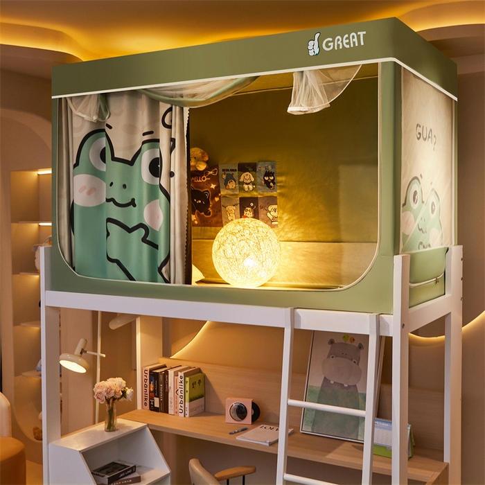 91家纺网 家纺一手货源 找家纺 迪凡保罗蚊帐 2025新款2416纳米环保加厚强遮光大版数码印花学生蚊帐（自带靠墙帘） 青蛙王子